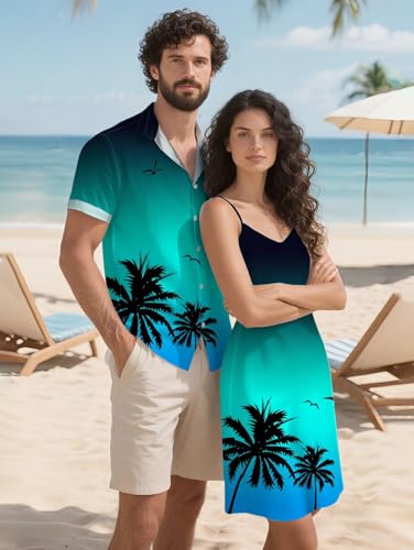 Image of DRESSFO Couple Matching Hawaiian Outfits Gothic Print V Neck Spaghetti Strap Dress or Roll Up Sleeve Shirts Outfit