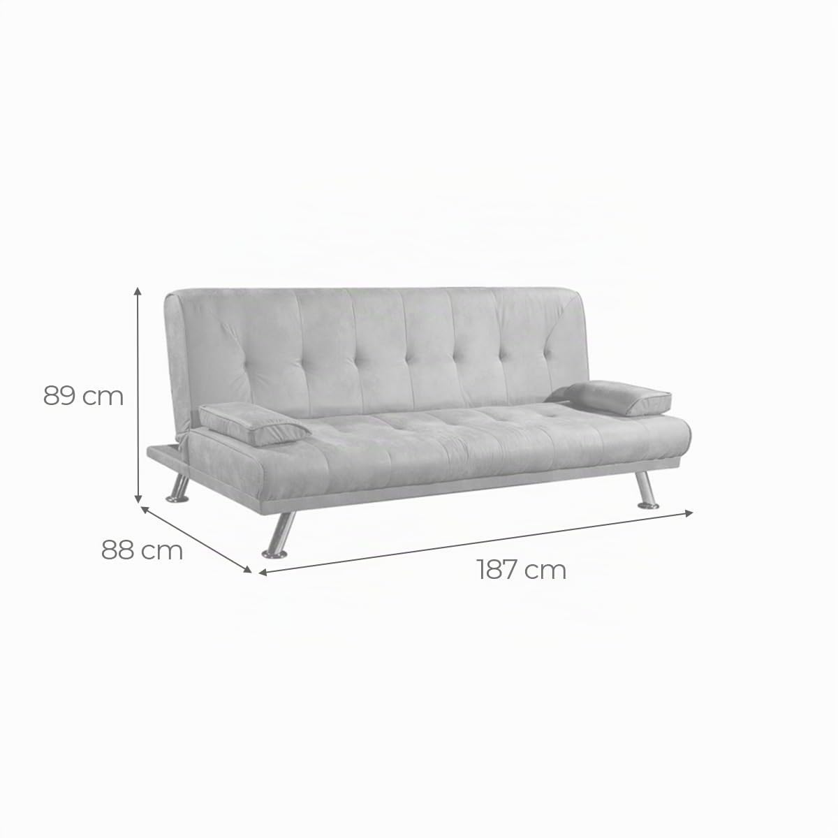Somnia Descanso Divano Letto a 3 posti, Modello Cleo, Design Moderno, Pratico e Funzionale, con Cuscini Decorativi, Legno, Grigio Cemento, 188cm (Largo) x 88cm (Fondo) x 88cm (Alto)