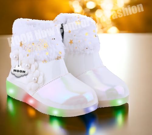 Image of Hooh Kids Girls LED Light Up Shoes Cum Boots with Faux Fur Trim and Flower Applique for 0 Months to 12 Years (for Greater Than 5 Years Age vs Size Chart in Images)