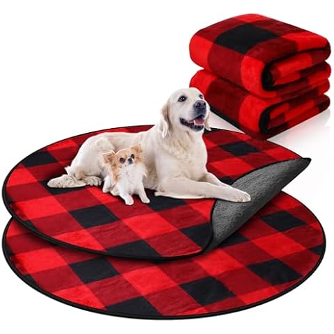Clysee 2 Pack 36" Plush Dog Cat Blanket Buffalo Plaid Waterproof Whelping Pads Washable Round Pet Training Pee Pads for Dogs Red and Black Puppy Blanket Pad Couch Cover Protection Cover