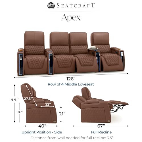 Image of Seatcraft Apex Tobacco Italian Leather Home Theater Seating, Zero Gravity Power Recliner Chair Powered Headrest and Lumbar Gaming and Lounge Sofa Furniture for Cinema Room, Row of 4 Middle Loveseats