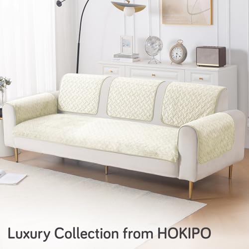 Image of HOKIPO Premium Velvety Quilted Sofa Armrest Covers (Pack of 2)- Anti-Slip, Washable Arm Cover, 'Softline Quilted Series' | Butter Cream (AR-6321-CRM*2)