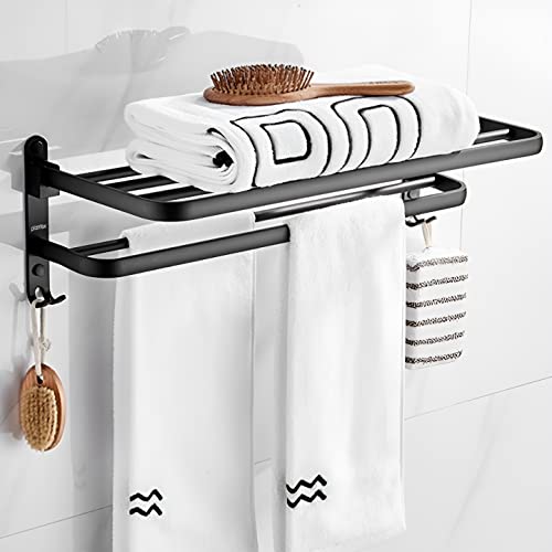 Image of Plantex Space Aluminium Folding Towel Rack with Fix Towel Rod /Bathroom Towel Hanger for Wall /Towel Hanger with Hook /(24 Inch, Black) - Pack of 1
