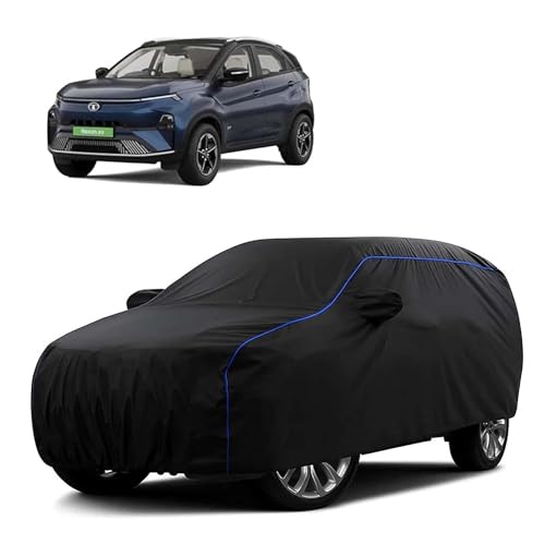 Image of Sulfar 100% Water Resistant Car Body Cover Compatible with Mirror for Tata Nexon EV (Triple Stitched, Full Bottom Elastic, Black Tafetta with Blue Piping)