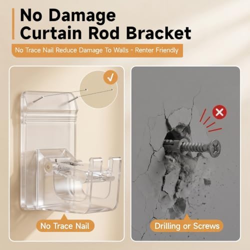 Universal Heavy Duty Curtain Rod Brackets, No Drill Curtain Rod Brackets with Adhesive & Invisible Nail, 30+LB Load Curtain Rod Holders, Damage Free Curtain Rod Hooks for Wall, Bathroom, Kitchen 4PC - 3