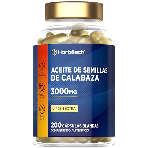 Aceite de Semillas de Calabaza 3000mg | 1350mg Omega 6 y 450mg Omega 9 | 200 Cápsulas | Máxima Potencia | Prensado en Frío y Extra Virgen | Pumpkin Seed Oil | de Horbaach
