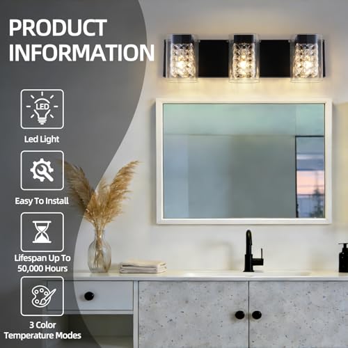 Image of MantoLite Modern Crystal Bathroom Vanity Light, 3CCT Matte Black Wall Light | 3-Light Bathroom Lighting Fixtures With Glass Shade Over Mirror,Bedrooms,Living Room or Dining Areas