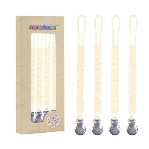 Image of One Piece Design Silicone Pacifier Clip Holder for Baby Boys and Girls,Pack of 4 Flexible Paci Leash,Binky Clips,Newborn Essentials (Metal Clip, Cream White)
