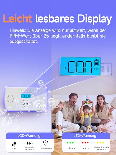 Heiman Kohlenmonoxid Melder mit LCD-Display – Elektrochemischer Sensor, 10 Jahre Gerätelebensdauer Kohlenmonoxidmelder… – Ansicht 3