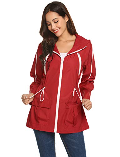 LOMON Raincoats Waterproof Lightweight Rain Jacket Active Outdoor Hooded Women's Trench Coats(Wine Red-M)