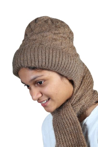 2 in 1 Windproof Scarf With Cap, Ear Guard Hat Plus Velvet, Winter Warm Stole Soft Knitted Beanie Hats Scarf- Fur Cap with Stylish Muffler Woolen Cold Weather Sets for Women & Girls (Light Grey)-image-15