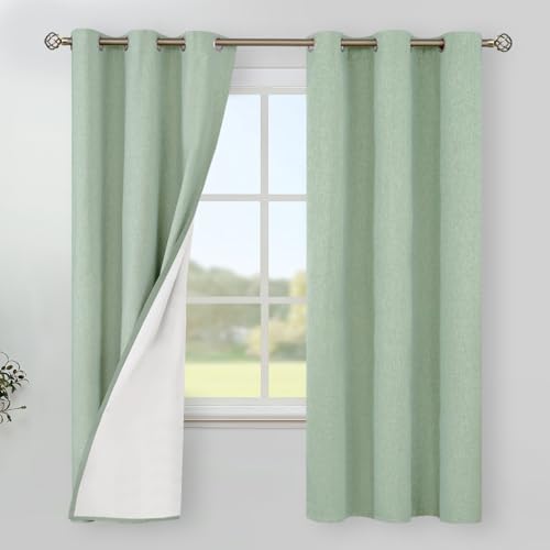 Image of YoungsTex Light Green Linen 100% Blackout Curtains 63 Inch Length for Bedroom /Living Room - Grommet Thermal Insulated Drapes Full Room Darkening with White Liner, 2 Panels, 42 X 63 Inch