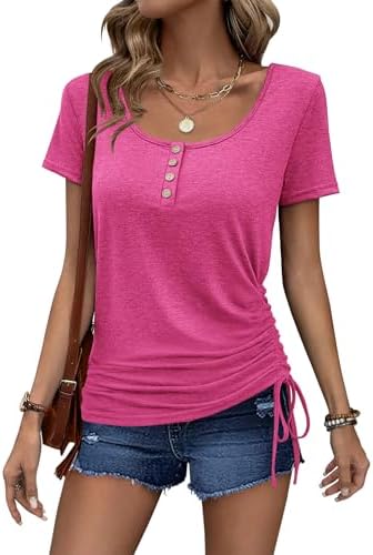 Womens Tops Short Sleeve Summer Henley Shirts Scoop Neck Ruched Button Blouses Dressy Casual Tunic Tops