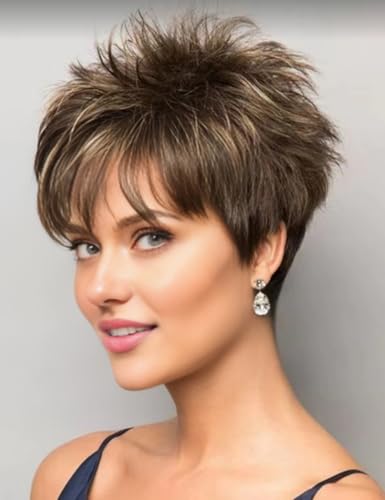 TISHINING Short Hair Wigs for White Women Brown Mix Blonde