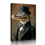 リビングルームバスルームのための19世紀のレトロウォールアートラグジュアリー擬人化されたアートクロコダイルキャンバスプリント写真家の装飾30x42cmインナーフレーム