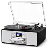 Bluetooth Vinyl Record Player with CD & Internet Radio, USB Recording, 3-Speed Belt-Drive Vintage Turntable with AUX/RCA, Tone Control & Remote Control, Retro Black Audio System for Home & Gift Use