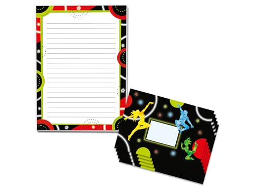Briefpapier-Set mit 2 Schreibblöcken und 25 Umschlägen für Kinder Schulheft Heft Notizblock Heft (1 Block Disco und 1 Block Täncer A5 mit je 25 Blättern + 25 Briefumschläge)