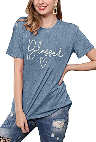 Blessed T-Shirt for Women Cute Heart Graphic Letter Print Sayings Shirts Casual Short Sleeve Thankful Tee Tops2
