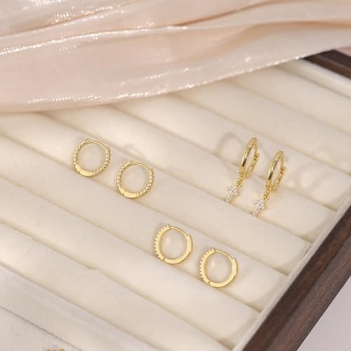 Image of Gold Plated Earrings for Women, 14k Gold Plated Earring Stack Hypoallergenic Pearl Drop Earring Dainty Earrings for Women Trendy Cute Small Huggie Hoop Earring Fashion Womens Jewelry