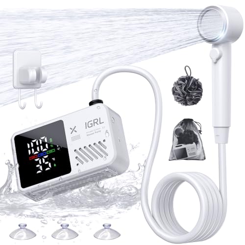 IGRL キャンプ用ポータブルシャワー 強力な10L/分水流 充電式シャワーポンプ バススポンジ付き 4つのスプレーモード IPX8防水 7800mAh バッテリー ハイキング 旅行 洗車 ペットに最適