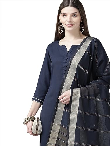 Image of Women Rangpreet Navy Blue Solid Straight Kurta Palazzo With Dupatta Set