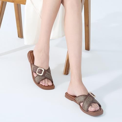 Image of UBFEN Womens Square Toe Flat Sandals Slides Dressy Comfortable for Beach