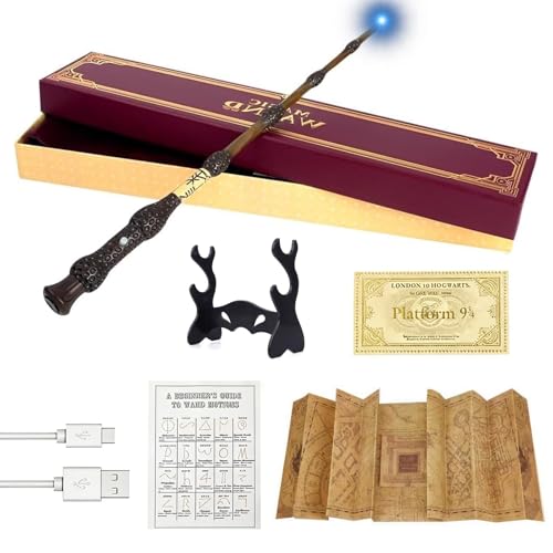 HAINLOGWANG Dumbledore Zauberstab mit Licht 38CM USB Aufladung Zauberstab Dumbledore mit Halter Zauberspruch-Karte Stationsticket Landkarte Zauberstäbe für Halloween Karneval Cosplay Deko