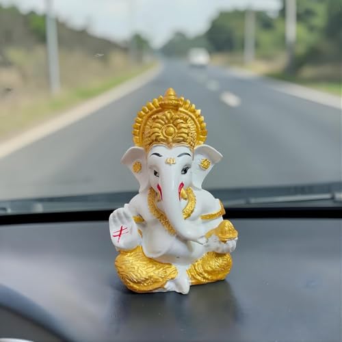 Image of JOY LAND Lord Ganesha Car Dashboard Idol | White & Gold Ganesh Murti for Car Dashboard, Home & Office Decor (Full Gold)
