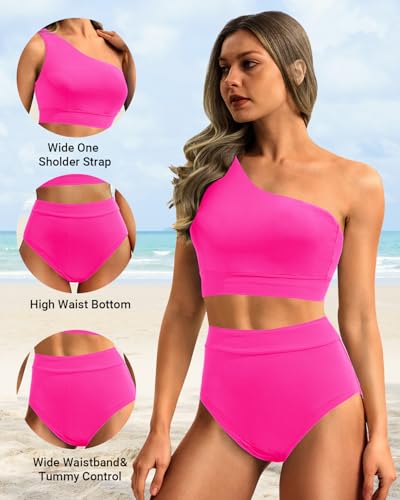 Image of Holipick Women One Shoulder High Waisted Bikini Sets Two Piece Swimsuit Tummy Control Bathing Suit Full Coverage Swimwear