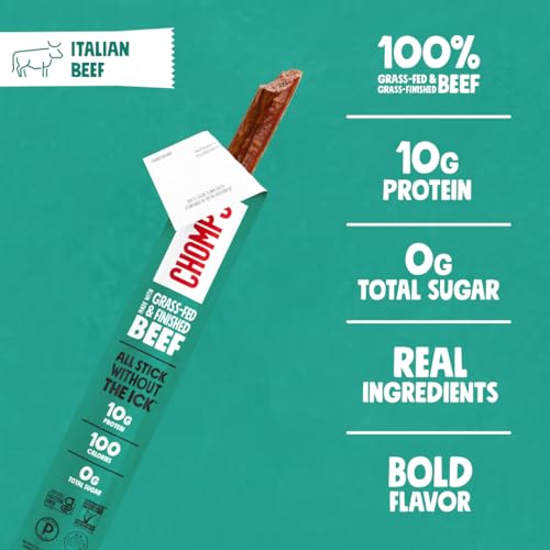 Image of CHOMPS Grass Fed Beef Jerky Meat Snack Sticks, AIP Diet Compliant, Keto, Paleo, Whole30 Approved, Low Carb, Gluten Free, Sugar Free, Non-GMO, 90 Calories 1.15 Oz Stick, Italian Beef 10 Pack