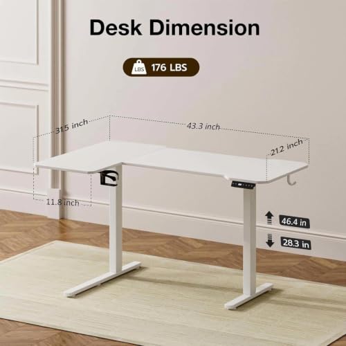 Image of Acrolix L Shaped Electric Standing Desk - 43x31.5 Inch Reversible Corner Sit Stand Desk with Hook&Cup Holder,Electric Height Adjustable Table,for Small Home Office&Bedroom Computer Desk, White
