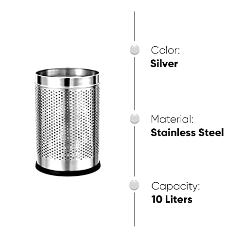 Image of PackPro Stainless Steel 10 Litre Open Perforated Dustbin Without Lid | Garbage Bin For Home, Bedroom, Rooms, Office, Kitchen, Washroom, Bathroom Medium - 8 inch x 12 inch