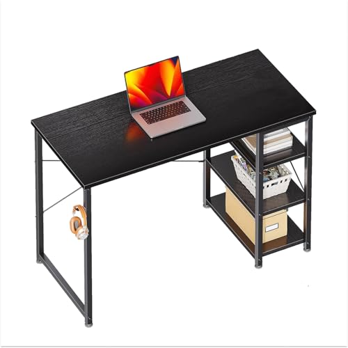 Image of Callas Computer Desk with Side Storage Shelves for Home Office, Study Table for Laptop, Writing & Workstation - Sturdy Metal Frame & Wooden Top (ST-24-Black)