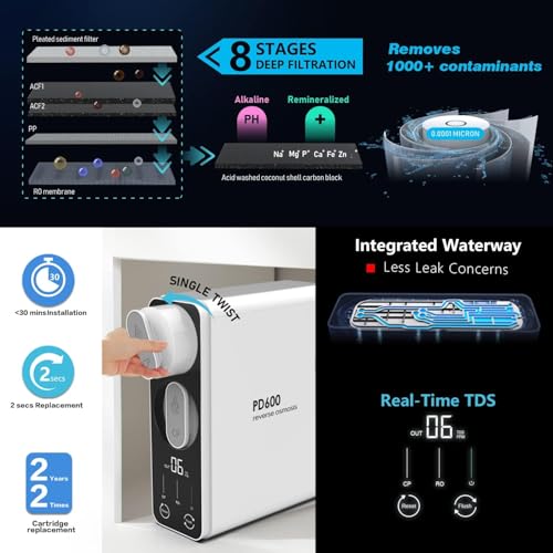 Image of Frizzlife Reverse Osmosis Water Filter - Alkaline Mineral pH+, NSF /ANSI 58&53&42&372 Standard, 600GPD Tankless RO Reverse Osmosis System, Under Sink, 2:1 Pure to Drain, Reduce FPAS /PFOA, PD600-TAM3