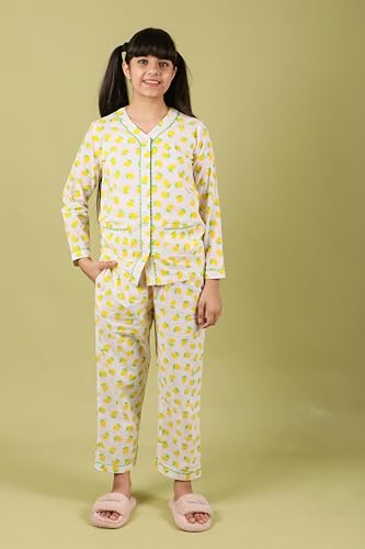 Image of Tweeny Mini Kids Girls Pure Rayon Night Suit | Sleepwear| Night Wear | Nightdress | Top Shirt & Pyjama Combo Set Floral Printed with Pockets Full Sleeves