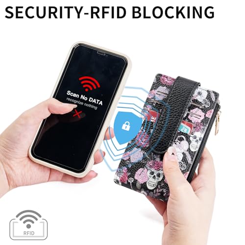 Image of GOIACII RFID Slim Card Holder Wallet with ID Window Thin Bifold Wallet for Womens Zipper Coin Pocket Goth Skull & ROSE