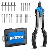 AKKTOL Rivet Gun, 1/4" Pop Rivet Gun Kit with 210pcs Rivets, Heavy Duty 13" Hand Riveter Kit with 5 Nosepieces for Metal, Gutter & Automotive