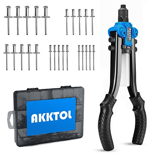 AKKTOL Rivet Gun, 1/4" Pop Rivet Gun Kit with 210pcs Rivets, Heavy Duty 13" Hand Riveter Kit with 5 Nosepieces for Metal, Gutter & Automotive