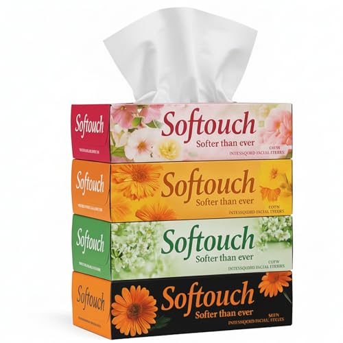 Softouch 2 Ply Facial Tissue Box | 400 Pulls | 100 Pulls X 4 Cartons | Soft And Highly Absorbent | 100% Natural Virgin Cellulose Fiber Softouch 2 Ply 