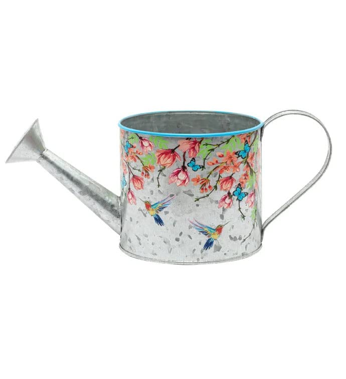 Napco Hummingbird Flowers Multicolored 4.5 x 5 Metal Watering Can Planter