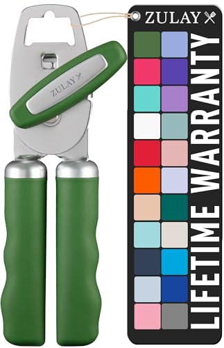 Zulay Kitchen Heavy Duty Stainless Steel Can Opener Manual with Bottle Opener - Rust Proof Manual Can Opener With Turn Knob & Comfy Soft Grip Handles - Artichoke Green