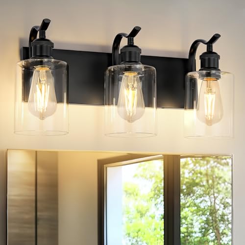 Image of 3-Light Black Bathroom Light Fixture Over Mirror, Modern Vanity Light, Clear Glass Wall Sconce, VL01BK-3