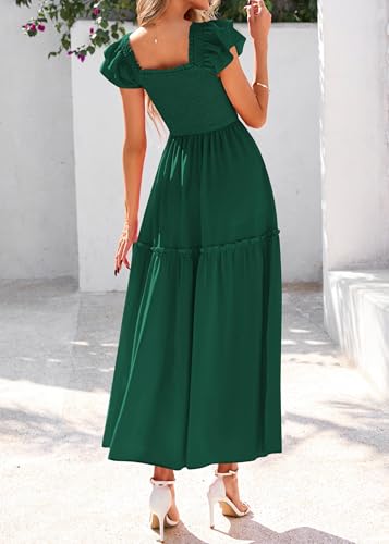 Image of KIRUNDO Smocked Summer Midi Dresses for Women 2026 | Flowy Long Dress, Ruffle Short Sleeve, Square Neck, Pocketed, Sundress for Casual, Church, Wedding Guest, Baby Shower