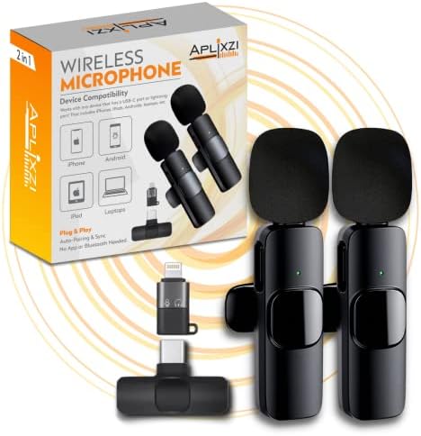 APLIXZI Wireless Lavalier Microphone for iPhone, iPad, Android and Laptop (Set of 2), 2.4GHz Mini Microphone for Video Recording, YouTube, TikTok, Vlogging, Interviews, Plug and Play, Noise Reduction