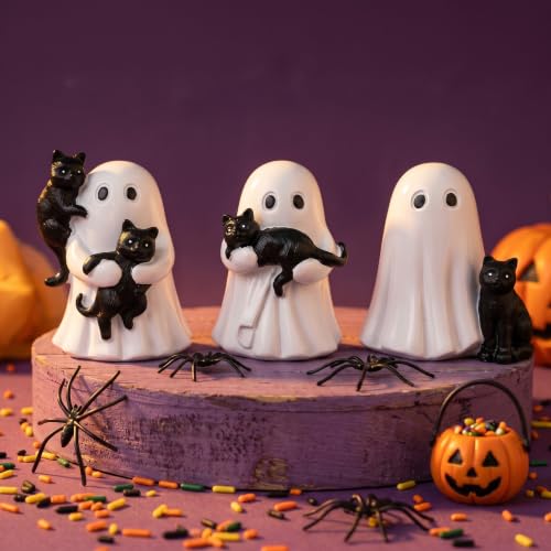 Leinuosen 3 Pcs Halloween Ghost Figurines Table Decor Ghost Black Cat Ornament Halloween Spooky Desk Decor Cat Resin Statue for Table Centerpieces Shelf Mantel Tabletop Desk Office Display Supply