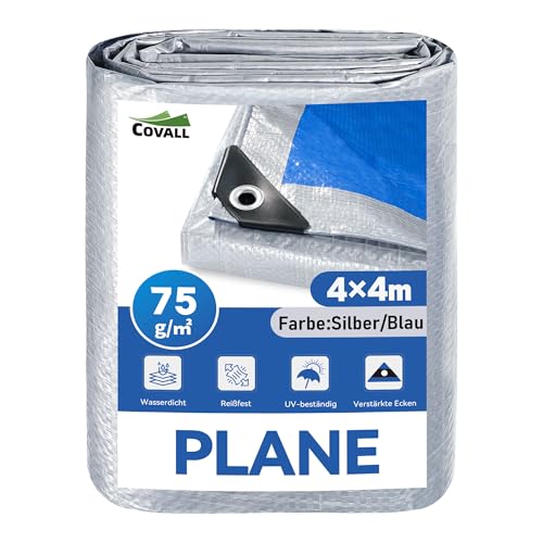 COVALL Plane 4 x 4 m 75g/m wasserdichte Plane Aus PE Silber/Blau Doppelseitig UV- & Reißfest Mit Verstärkten Ösen Ideal Als Unterlage Campingplane Wetterschutz Für Garten Auto & Holz