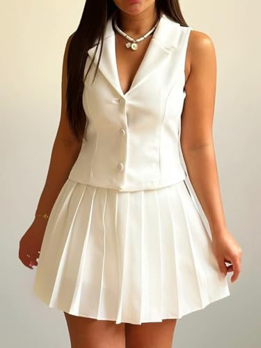 Molisry Women's Skirt Set 2 Piece Outfits Button Down Blazer Vest High Waisted Pleated Mini Skirt Business Outfits2