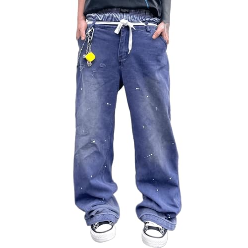 High Waisted Baggy Jeans for Women & Men, Distressed Vintage Blue Wide Leg Denim Trousers with Paint Splatter