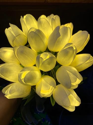 FERLLY Fake Tulips with Light, 15 Pcs Tulips Artificial Flowers, Real Touch Tulip Bouquet, Flower Lamp Gifts for Mom, Battery Operated, Holiday Home Kitchen Wedding Decor