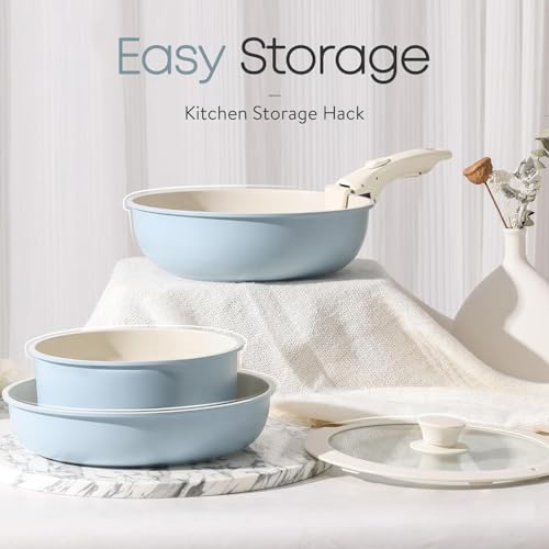 Image of House of Quirk Maifan Stone Nonstick Cookware Set 5-Piece | Detachable Handle Pots & Pans | Stackable, Induction & Oven Safe Kitchen Set (Granite Blue)